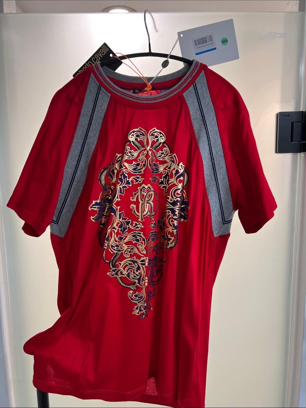 Roberto Cavalli Red Tee with Gold Baroque Accent and Gray Trim